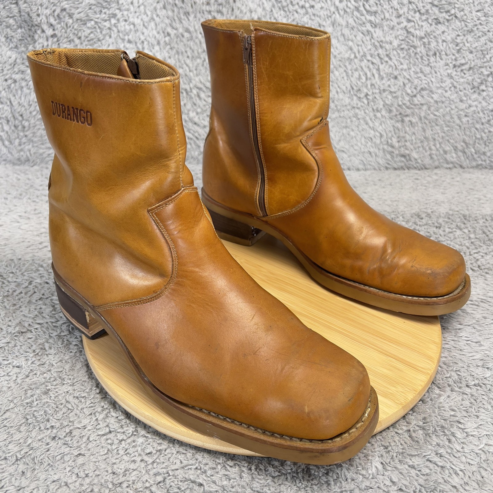 Vintage Durango Boots Mens 13 D Tan Oil Leather Side Zip Square Toe Brazil 25608
