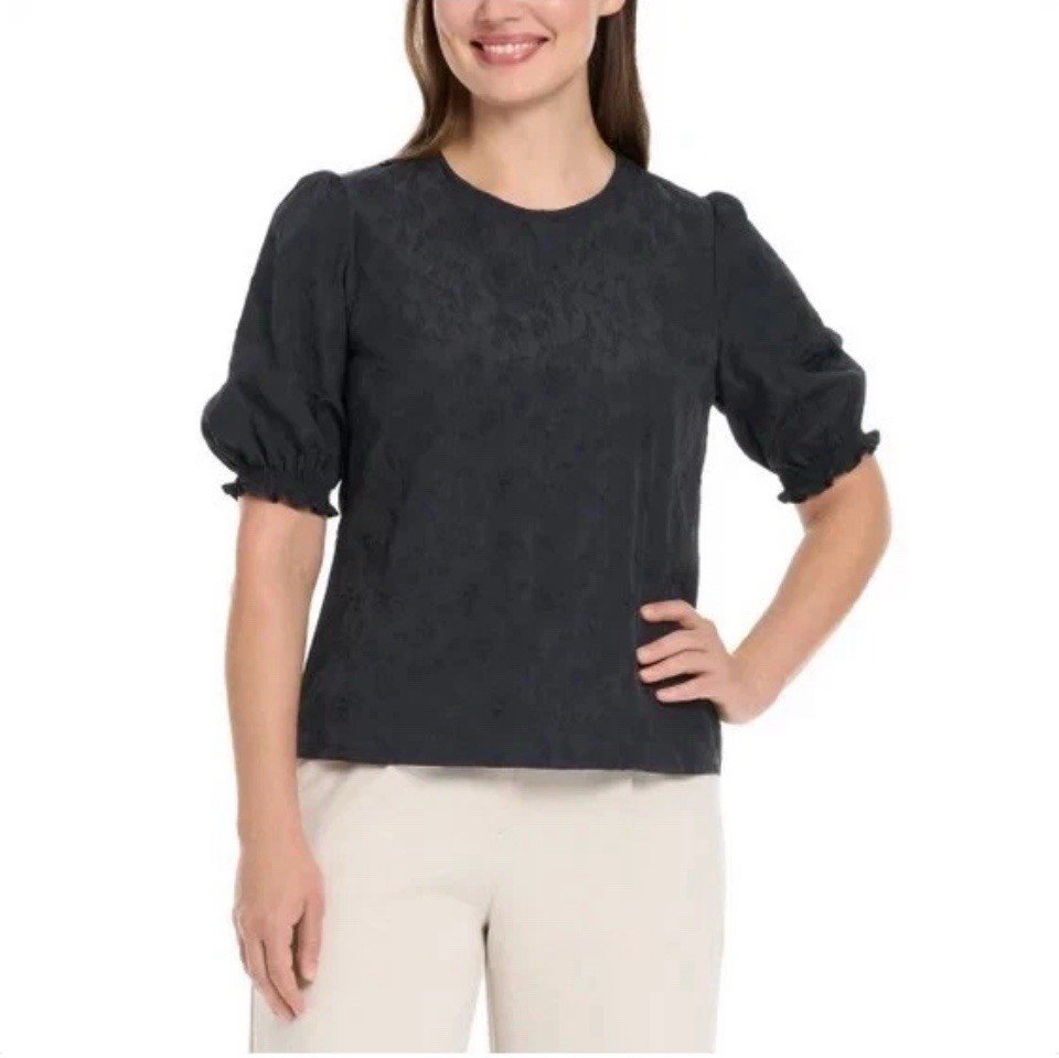 Ted Baker Women’s Floral Textured Puff Sleeve Blouse Top, Size M, Color Black..