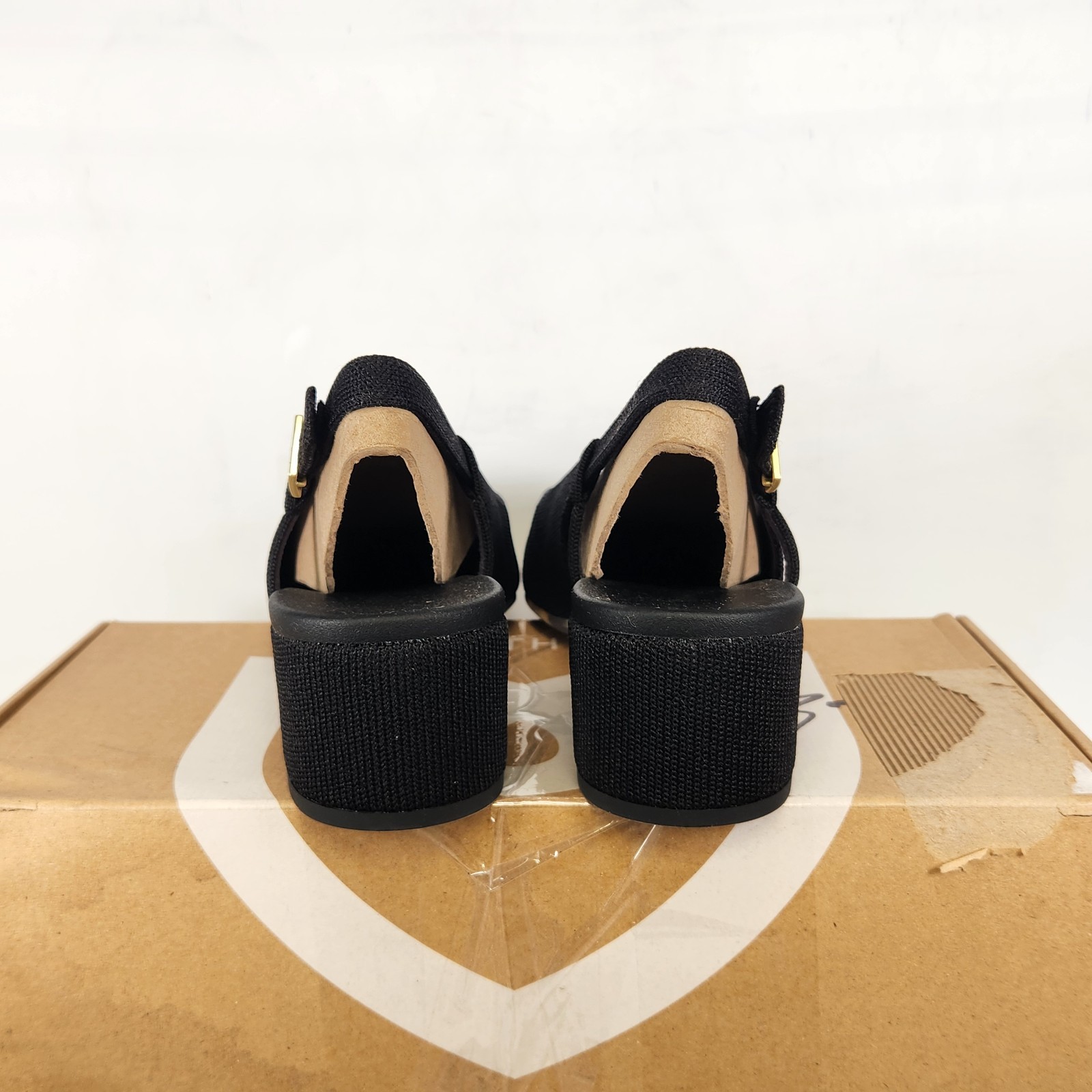 10.5 WOM – Rothys The Heel Ballet Slingback – Black Knit Stretch MID HEEL