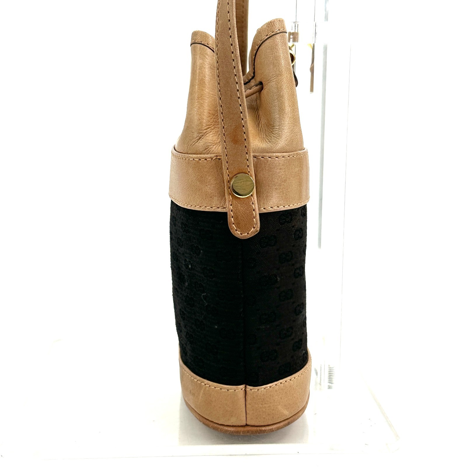 Gucci Vintage Black Brown Canvas Leather Drawstring Mini Bucket Bag Mcro GG Auth