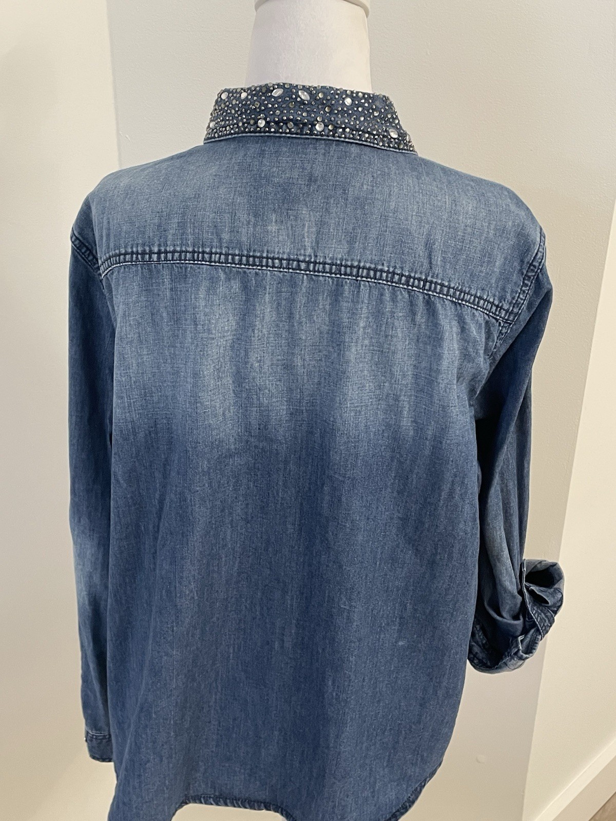 Chico’s- Sz. XL-3 Western Denim Button-Up Shirt Bling Beaded Beaded Collar