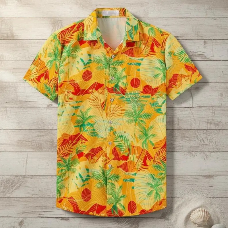 Hawaiian Shirt Men Yellow Leaf Print Aloha Beach Tropical Summer Vacation Party