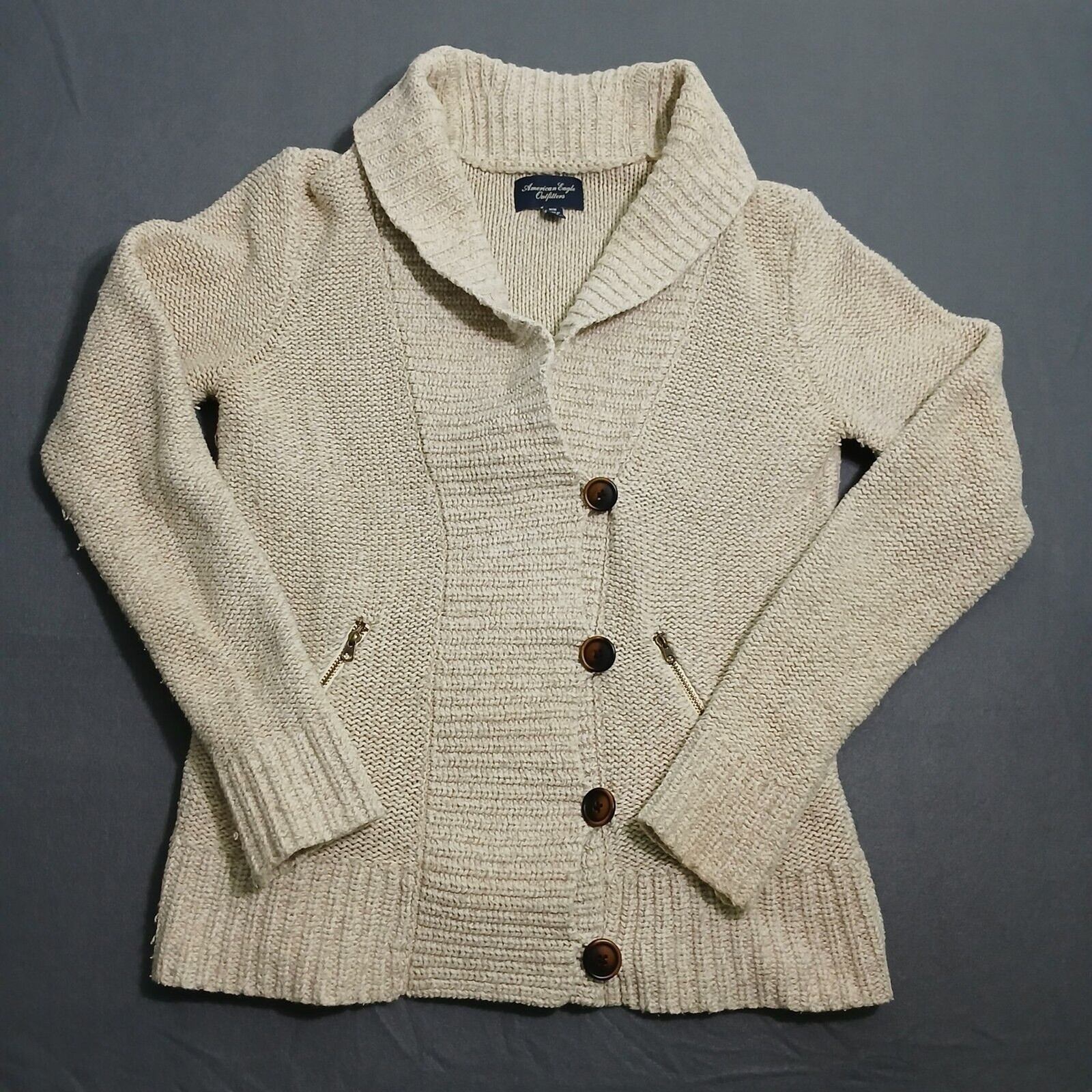 American Eagle Women M Tan Tight Knit Acrylic Blend Button Up Cardigan Sweater