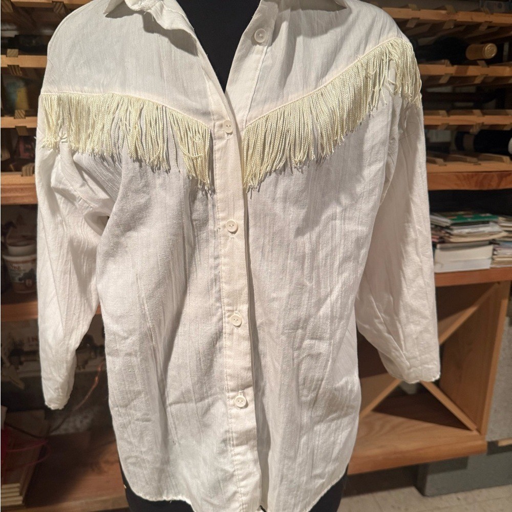 Vintage Women’s Cream Fringe Western Button-Front Blouse