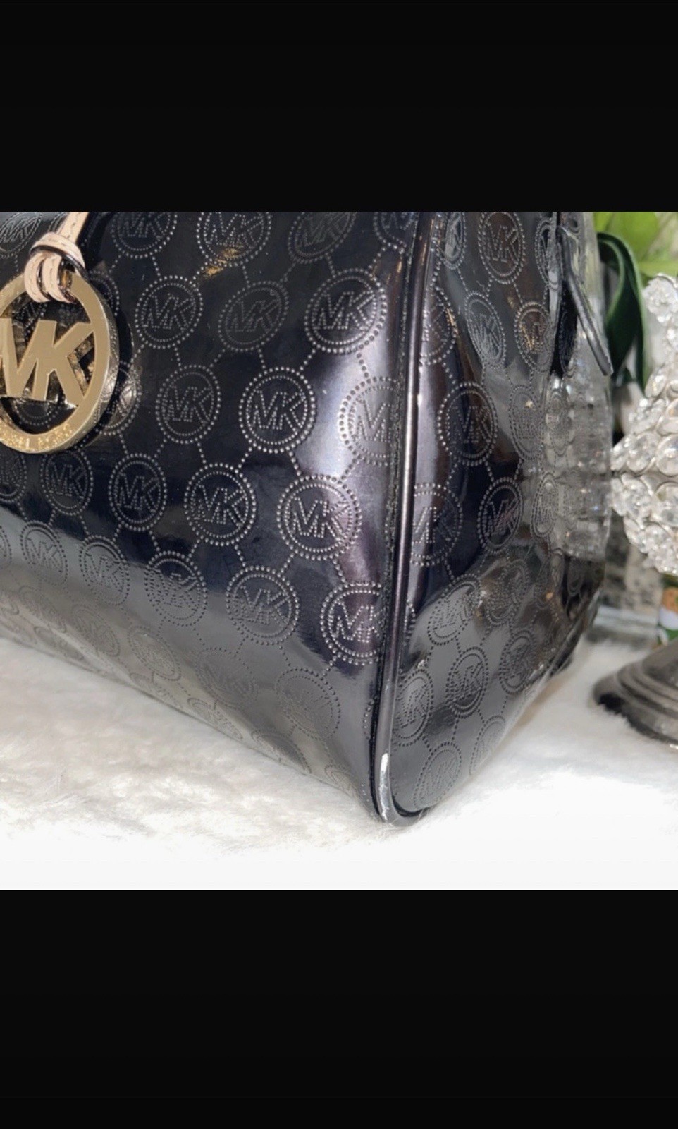 Michael Kors Black Beige Logo Satchel Zip Gold Hardware Charm Bottom Studs