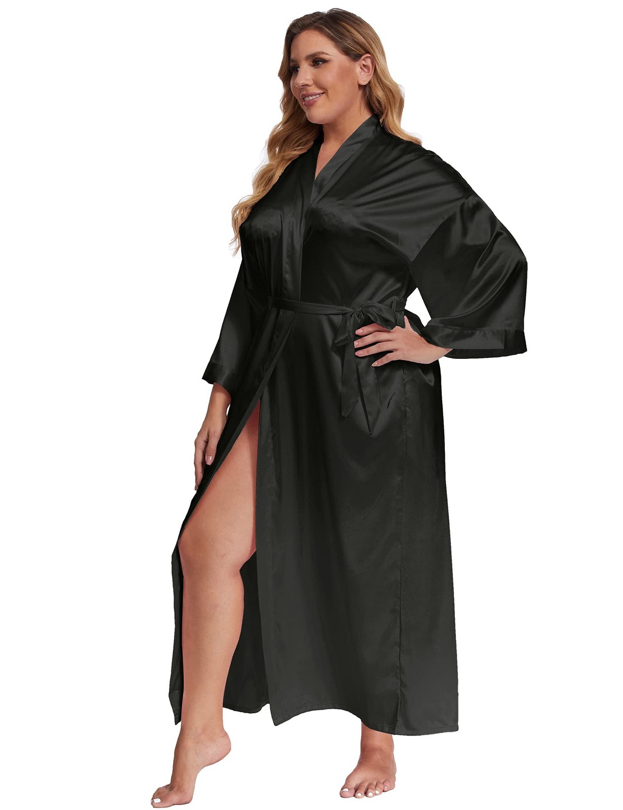 feslieacc Women’s Plus Size Long Satin Robes 4X-Large-5X-Large Plus, Black