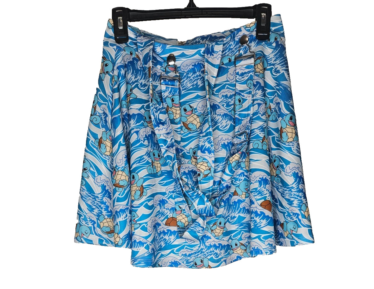 Pokemon Squirtle Suspender Skater Skirt Womens S/M Blue Anime Waves Print Kawai