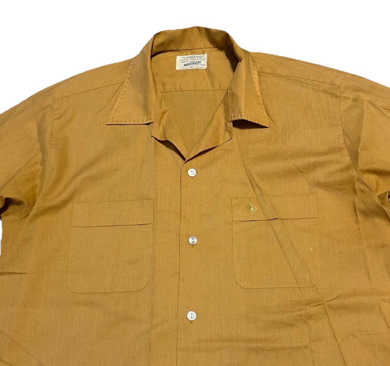 Vintage 60s National Button Up Shirt L Ever Press Gold Long Sleeve Dacron Cotton