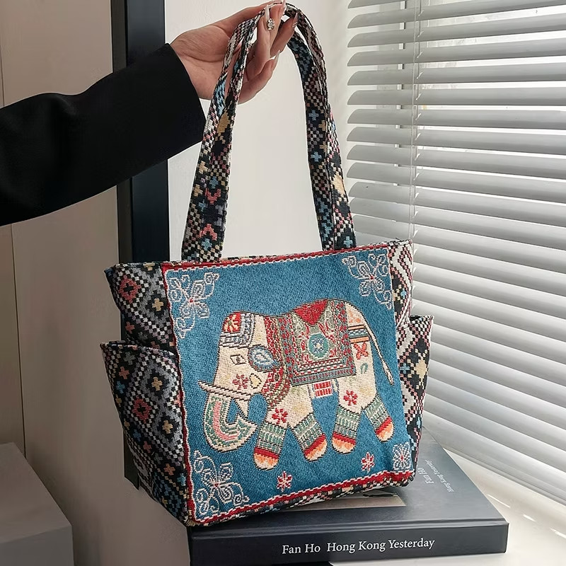 Thai Elephant Canvas Tote Bag Vintage Handmade Woven Shoulder Handbag Boho Style