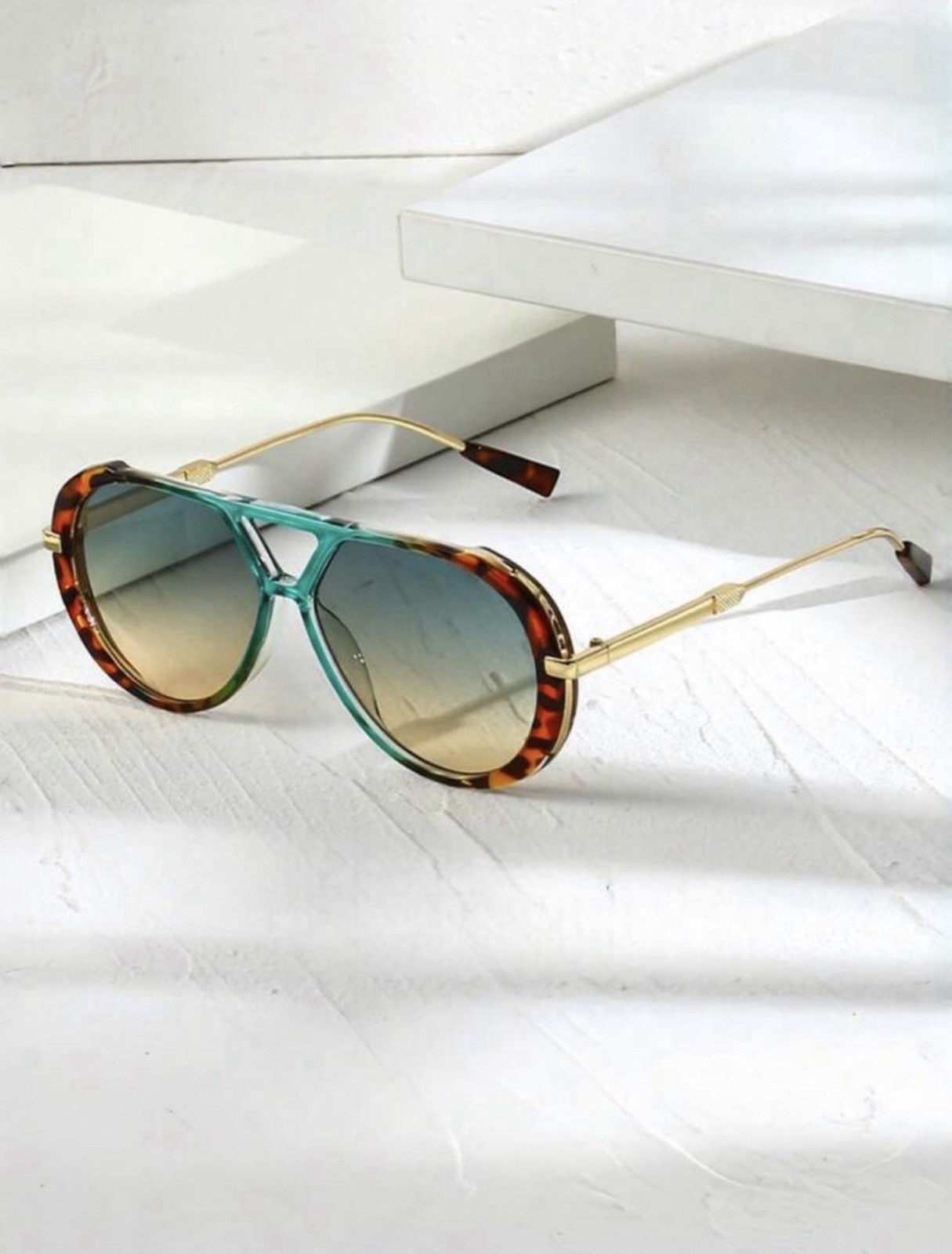 Oversized Tortoise Sunglasses Women Double Beam Metal Frame UV400
