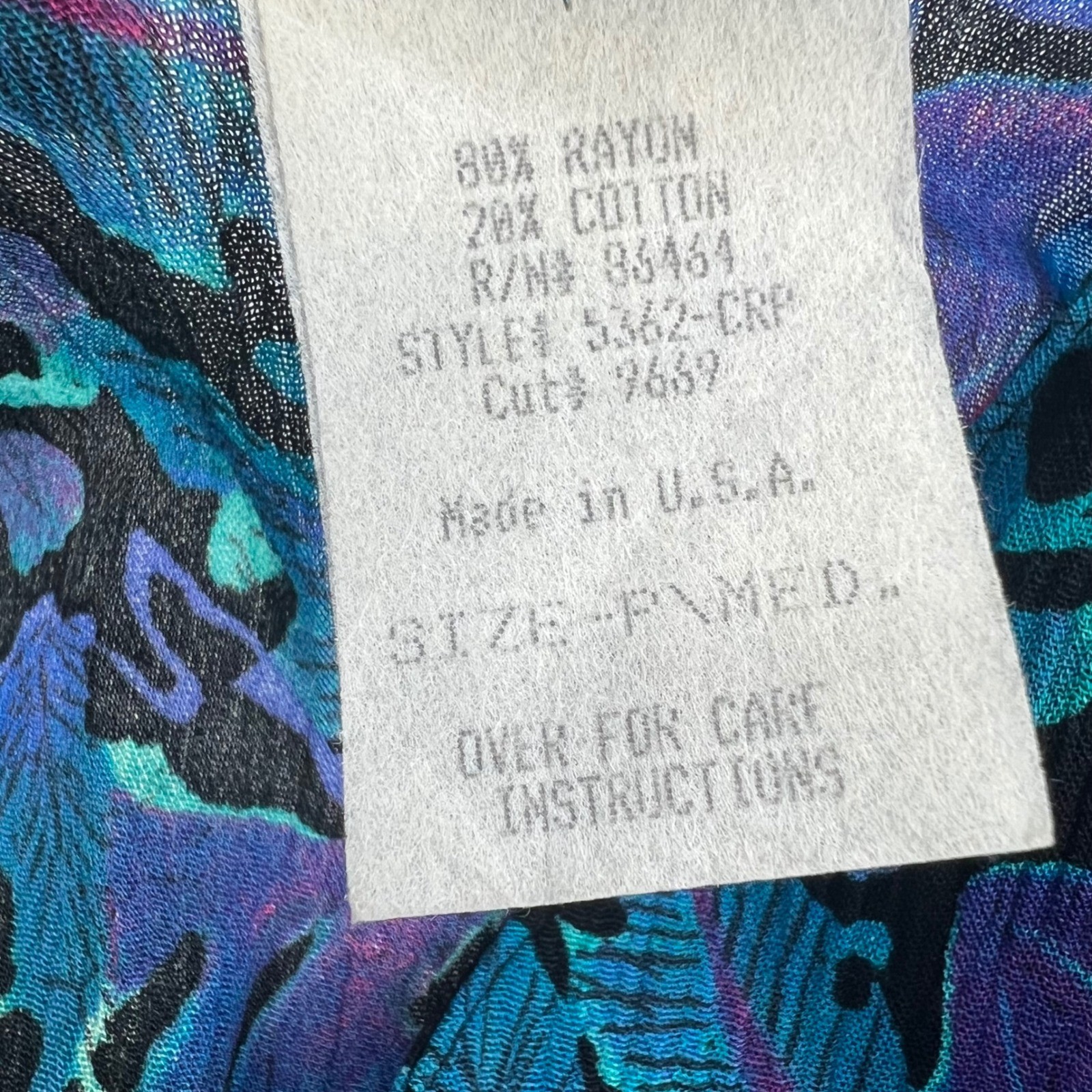 Vintage 90s California Krush Rayon Blouse Petite Tropical Floral Made USA Teal