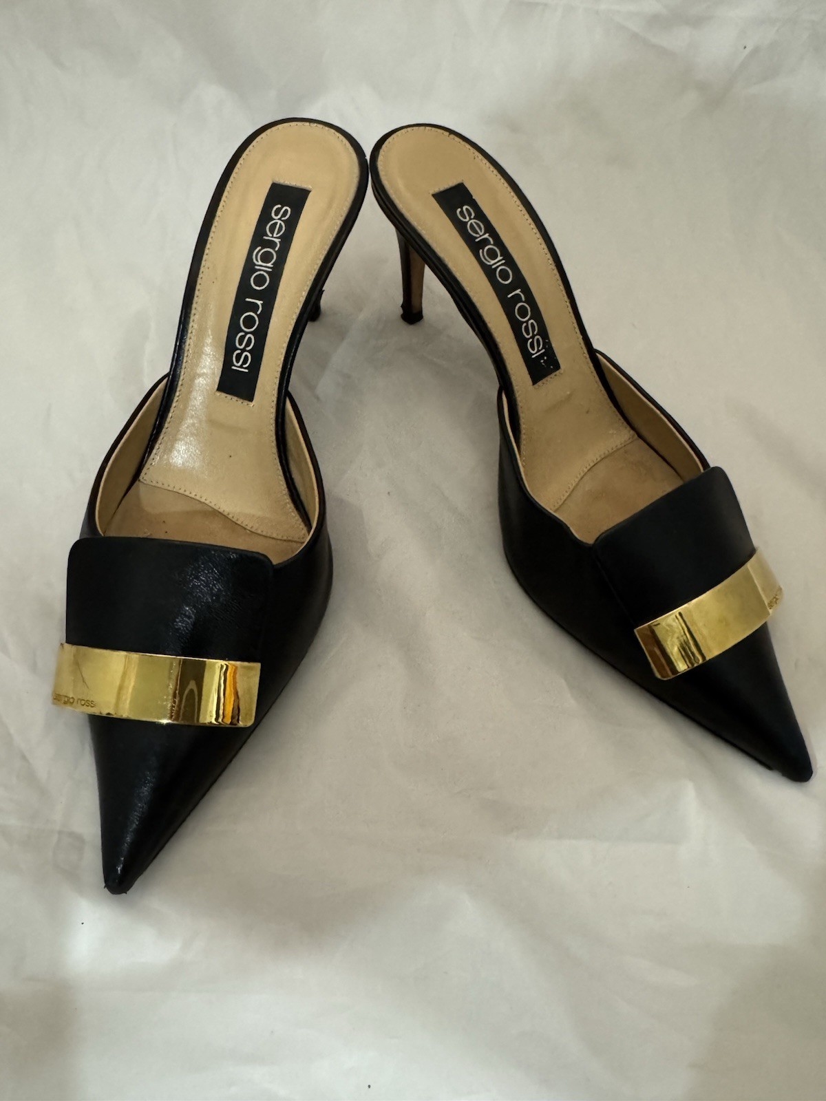 Sergio Rossi Leather SR1 Black leather mule heels w/ gold size 40