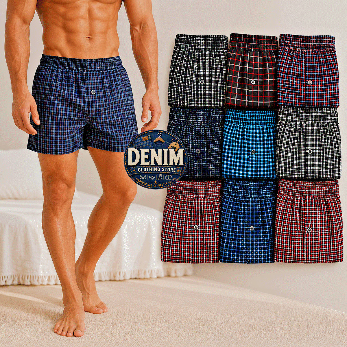 6 Pack Mens Premium Boxers 100% Cotton Underwear Trunk Plaid Shorts Size S~3XL