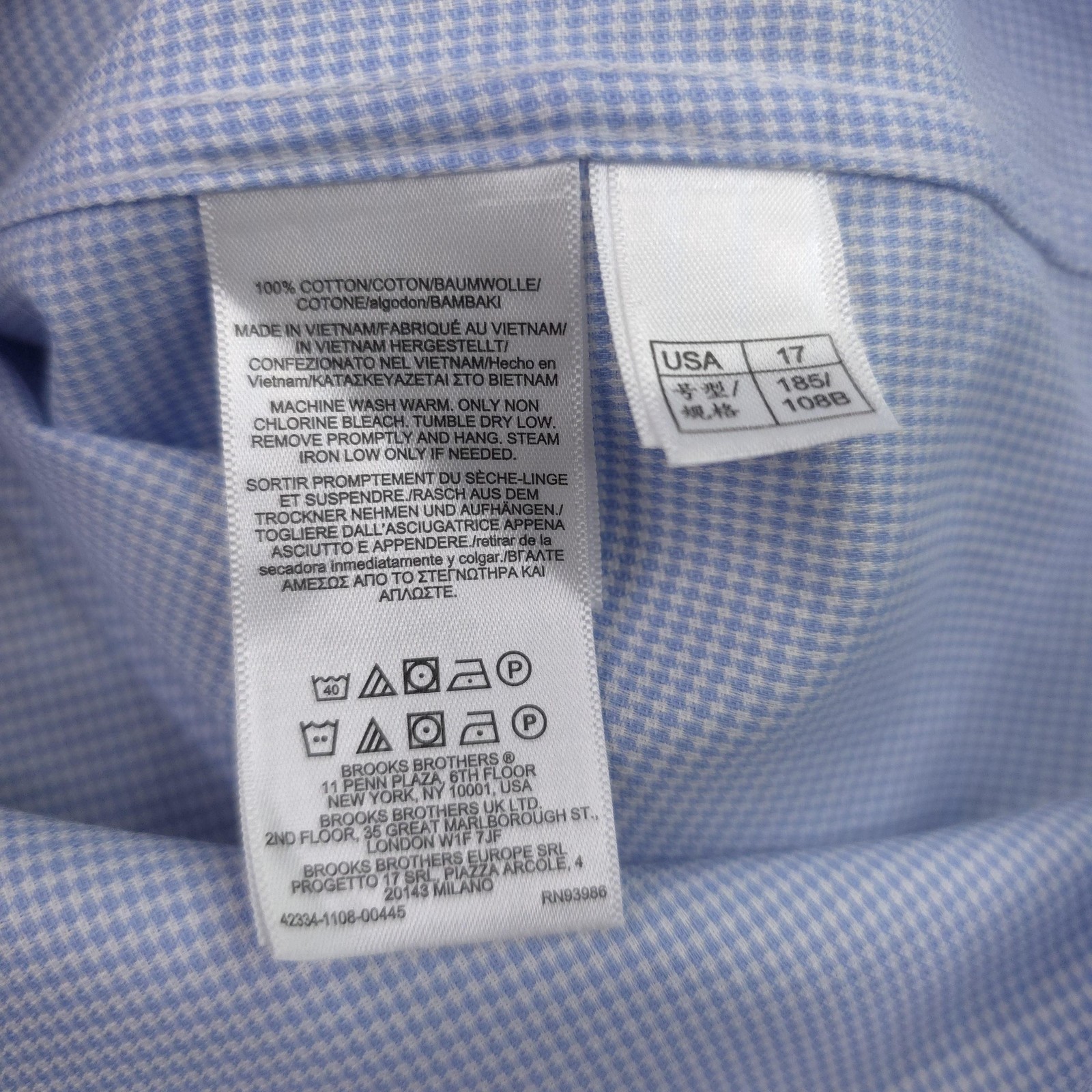 Brooks Brothers Shirt Mens 17 34/35 Blue Gingham Regular Fit Non Iron Cotton