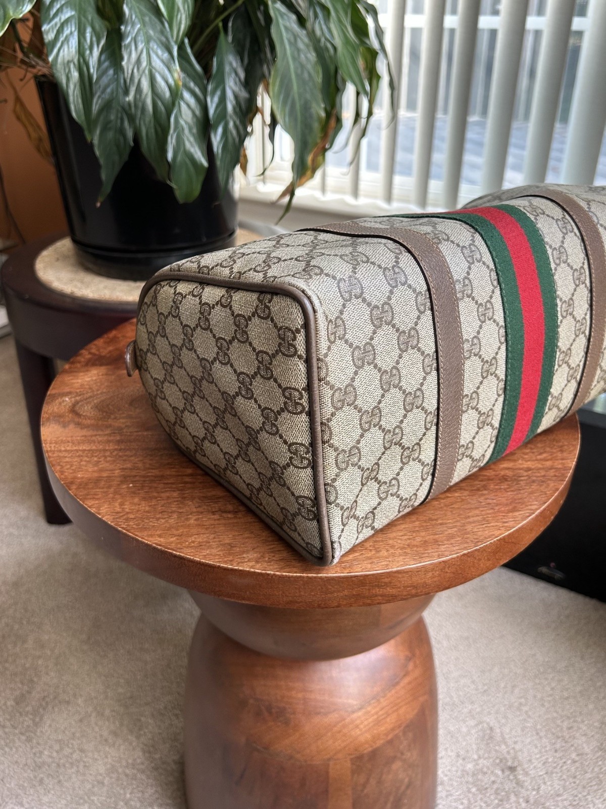 GUCCI GG Supreme Monogram Sherry Web Boston Bag, Tan