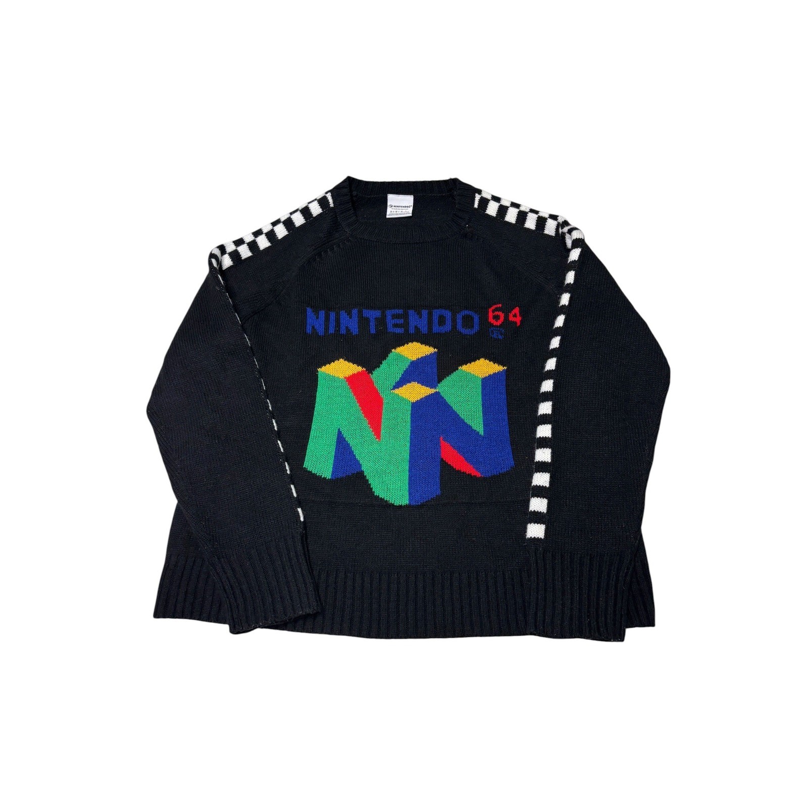 Nintendo 64 Retro Logo Knit Sweater Black Checkered Sleeve Womens Large N64