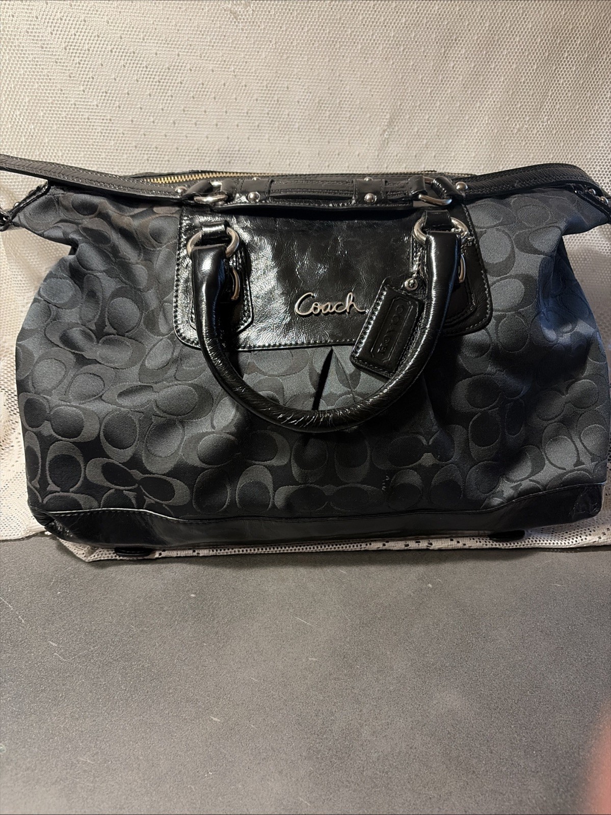 Coach Ashley Signature Sateen Large Satchel Black Canvas Leather Bag F15440 Nice
