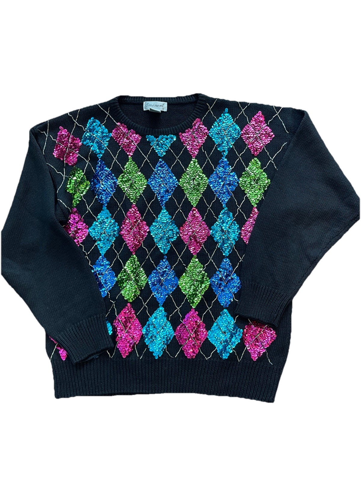 Eminent 1980s Colorful Argyle Sequined Ladies Sweater Size Medium Cotton Blend