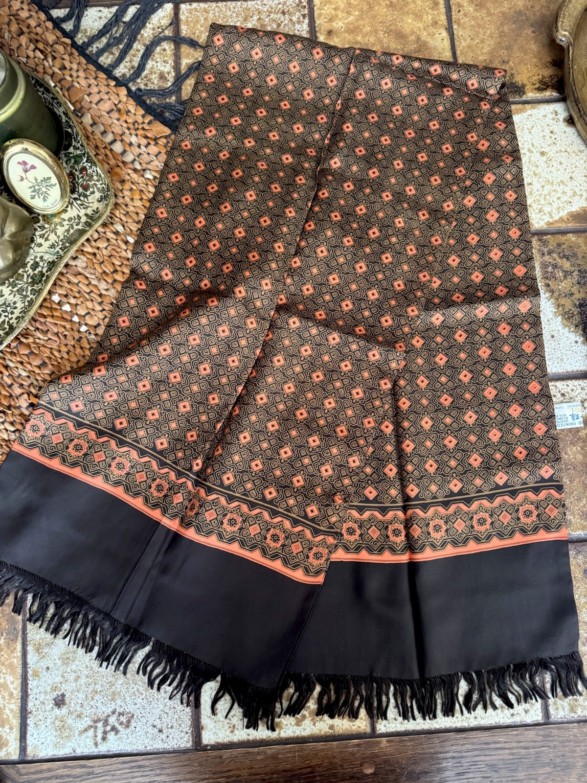 “ Pearl” HAND PRINT FRINGE SILK SCARF FROM SHANGHAI BROWN CORAL COLORS 11.8”x51”