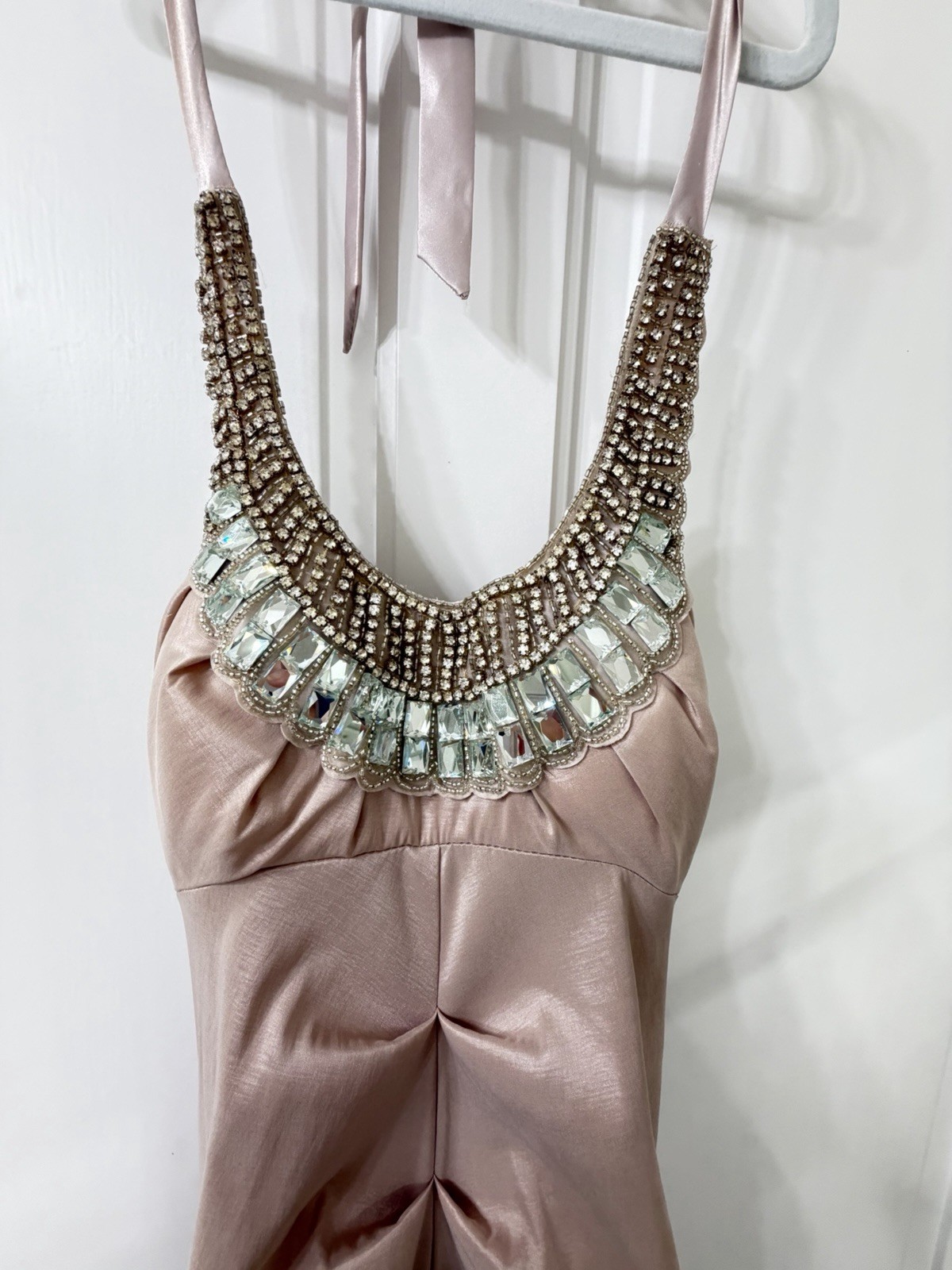 Champagne Halter Mermaid Prom Evening Gown Beaded Neckline Ruched Bodice 5/6