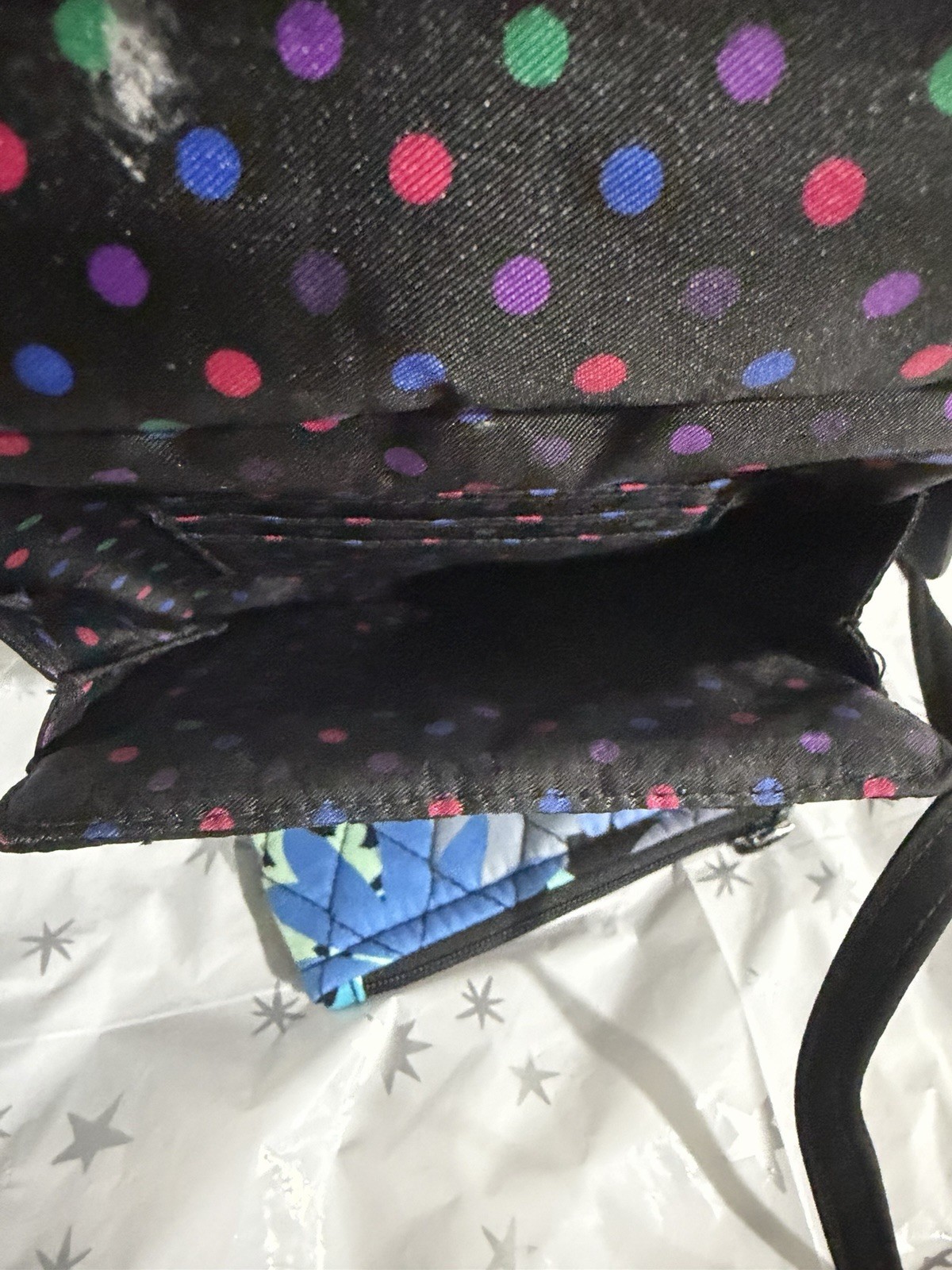 Vera Bradley Black/Blue Floral Quilted Crossbody Bag Zip Pockets Silver