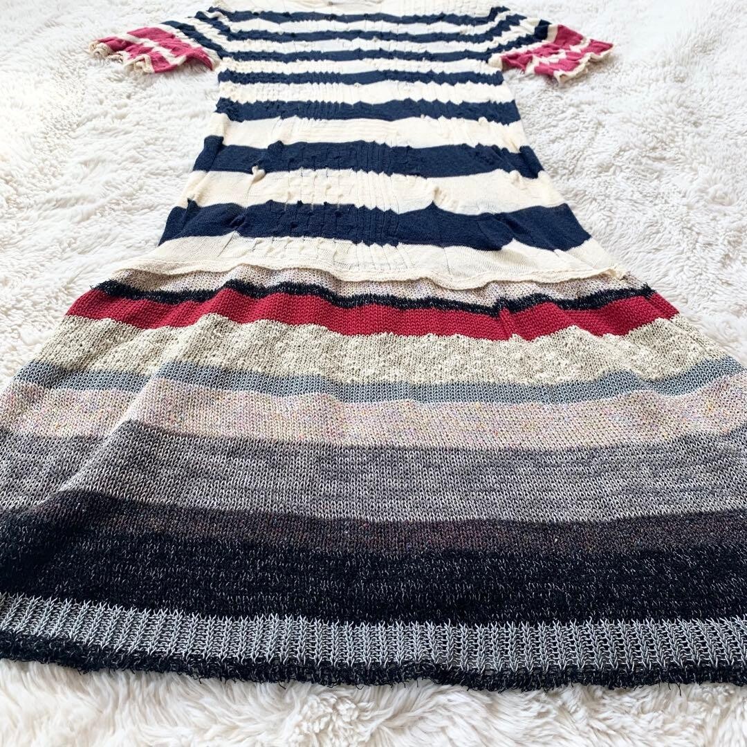 M.&KYOKO Silk Blend Short Sleeve Striped Knee Dress Size 1 Ivory Navy Pink Auth