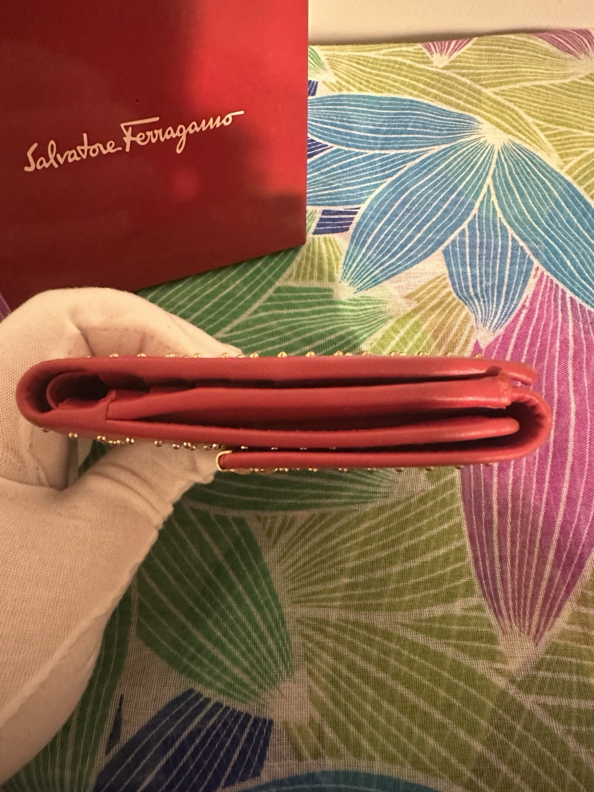 Salvatore Ferragamo Women’s Bifold Wallet, Red Solid, Studded Logo, Gold Tone