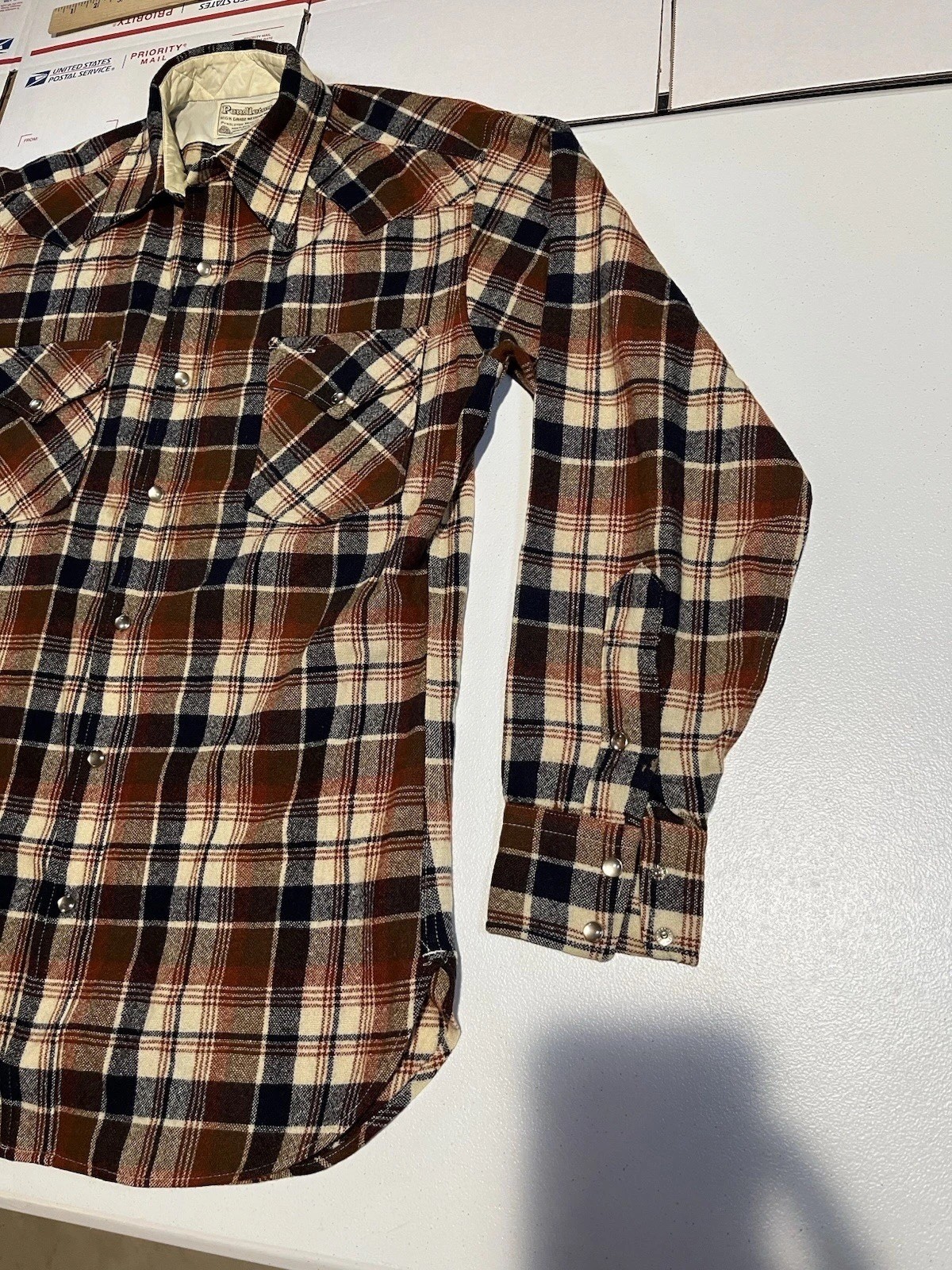 vtg Pendleton Wool Pearl Snap Plaid Western Shirt Mens M Brown Blue Tan Flannel