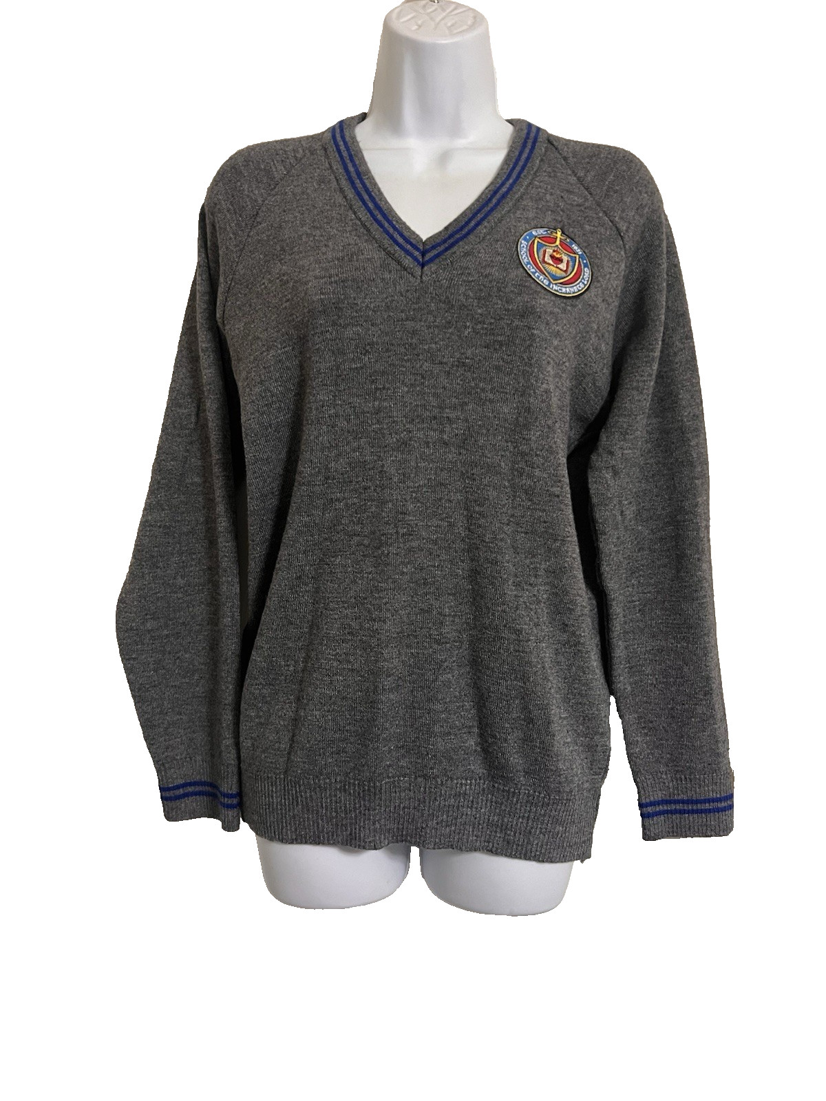 Vintage Charles Kirk of Worthing Grey School Sweater with Embroidered Crest (M)