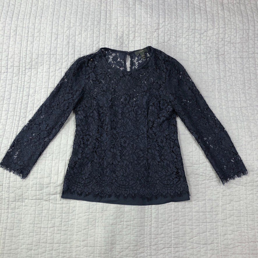 J Crew Blouse Women 0 Petite Blue Lace Academia Gothic Fairy Croquette Core