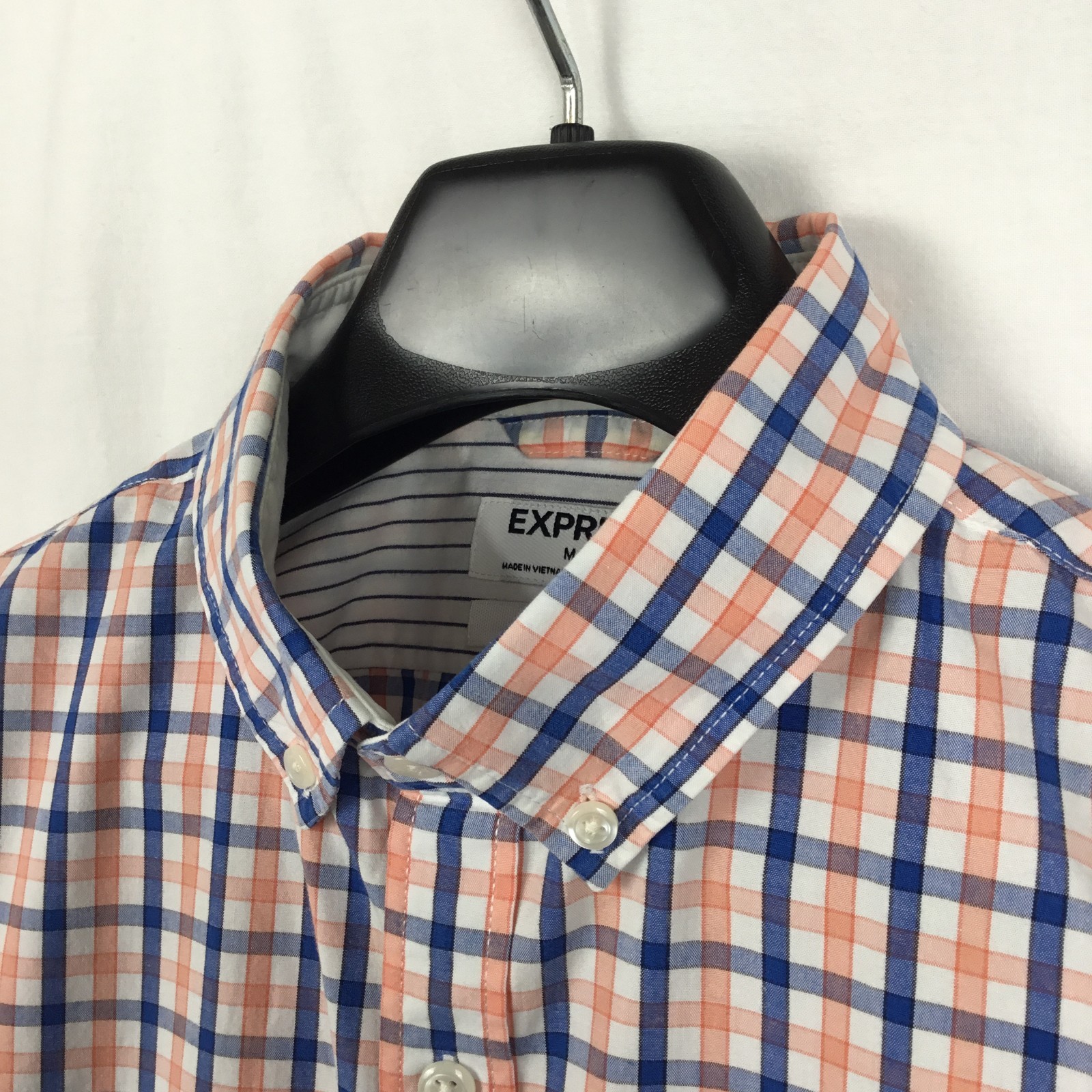 Express Mens Soft Wash Shirt M Blue Peach Tattersall Preppy Classic City Utility