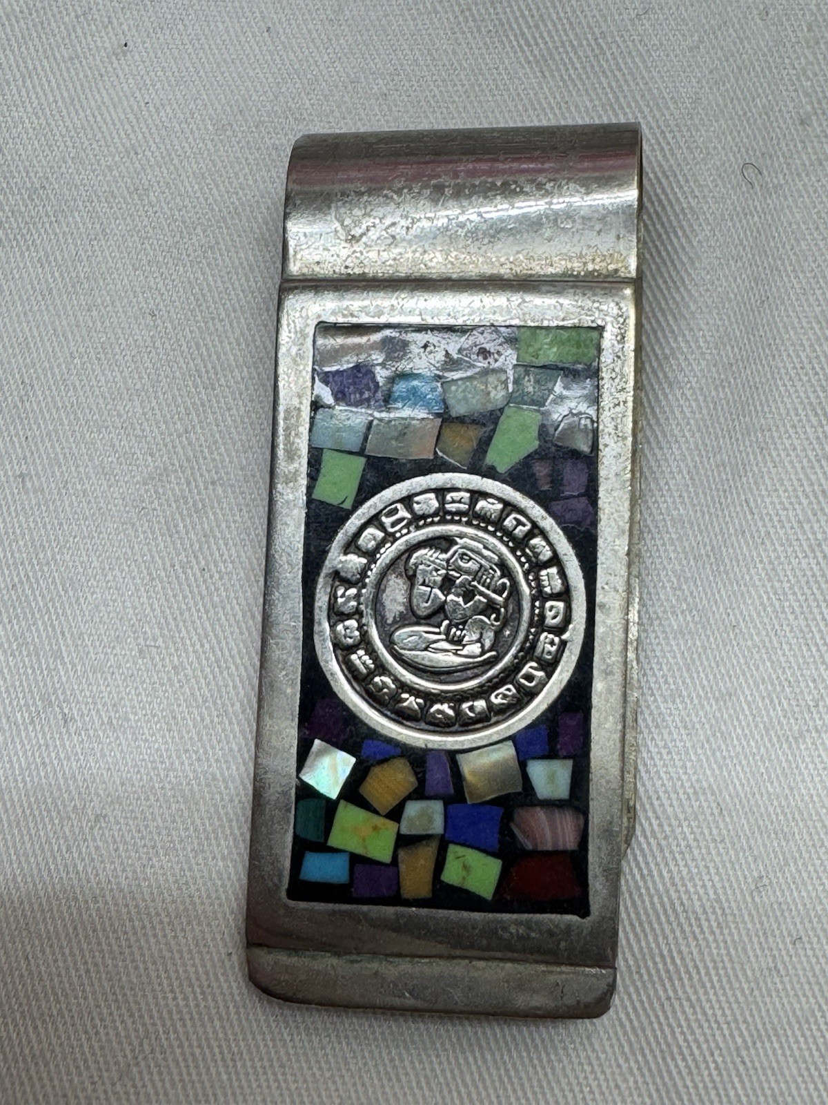 Vintage Taxco Mexico Inlay Multi Gemstone Aztec Sterling .925 Money Clip
