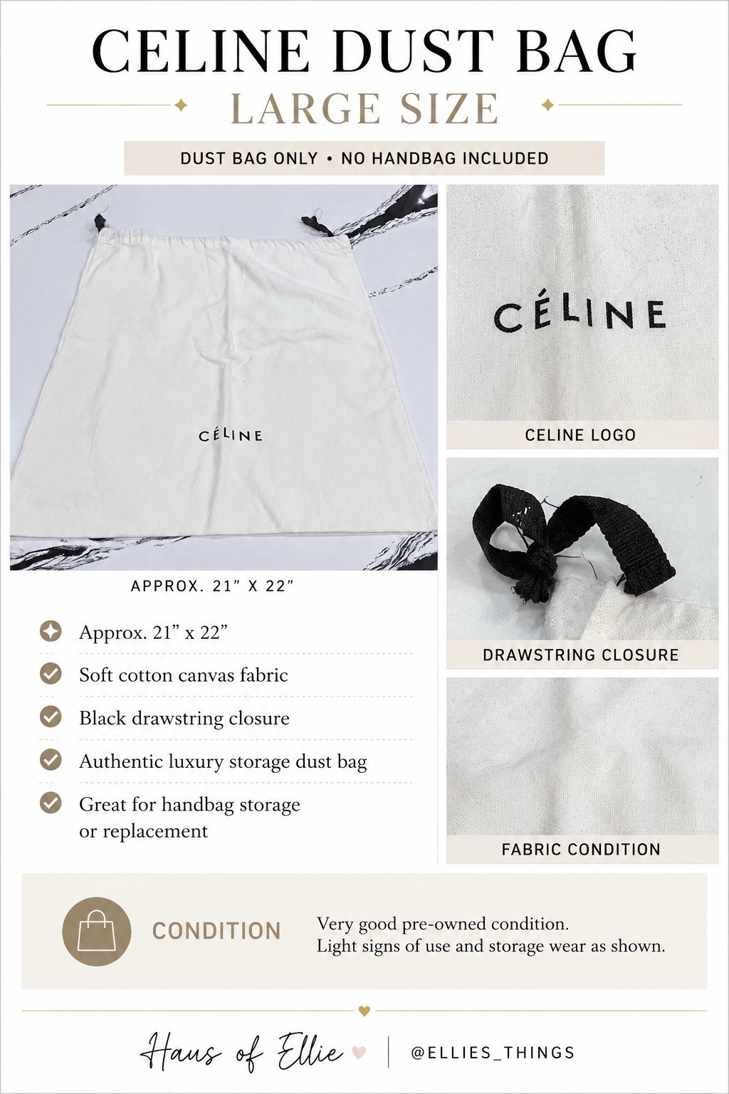 Celine Large Dust Bag 21×22 White Cotton Canvas Drawstring Storage Bag