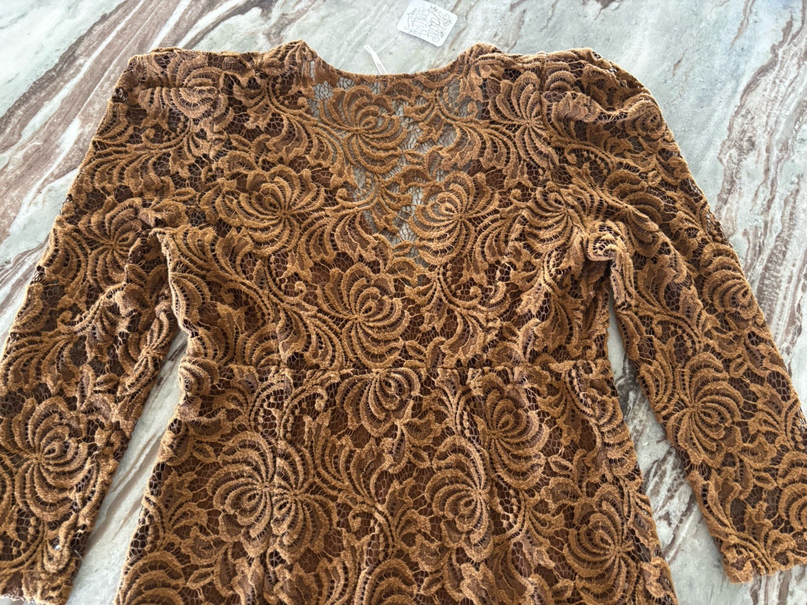 🤎Free People Lace Dress Medium Brown Caramel Floral Sheer Sleeve Boho Romantic