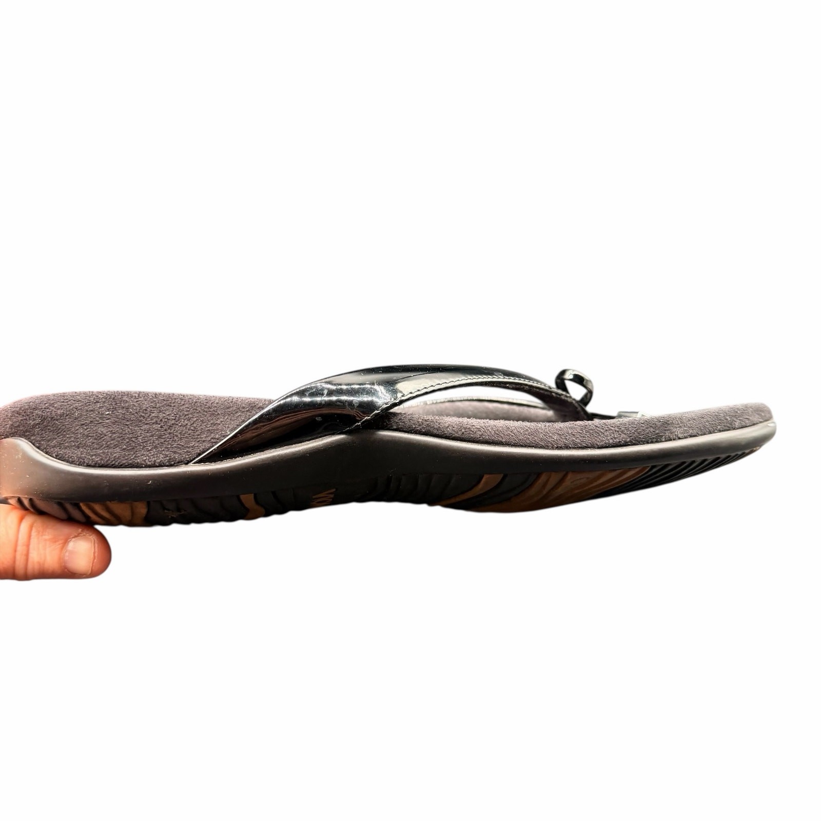 Vionic Bella II Black Patent Bow Thong Sandals Womens Size 10