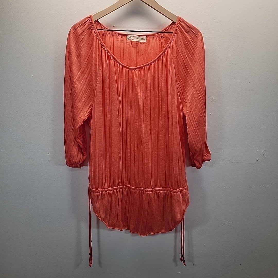 Faded Glory Blouse Women’s Large Coral Peasant 2yk Style Sheer Pleated Top