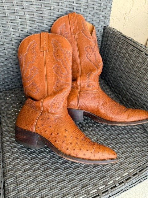 J Chisholm Men’s Size 11D Full Quill Ostrich Leather Cognac Cowboy Boots