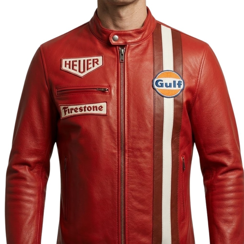 Gulf Red Biker Jacket Heuer Steve McQueen Racing Style Stripes Jacket