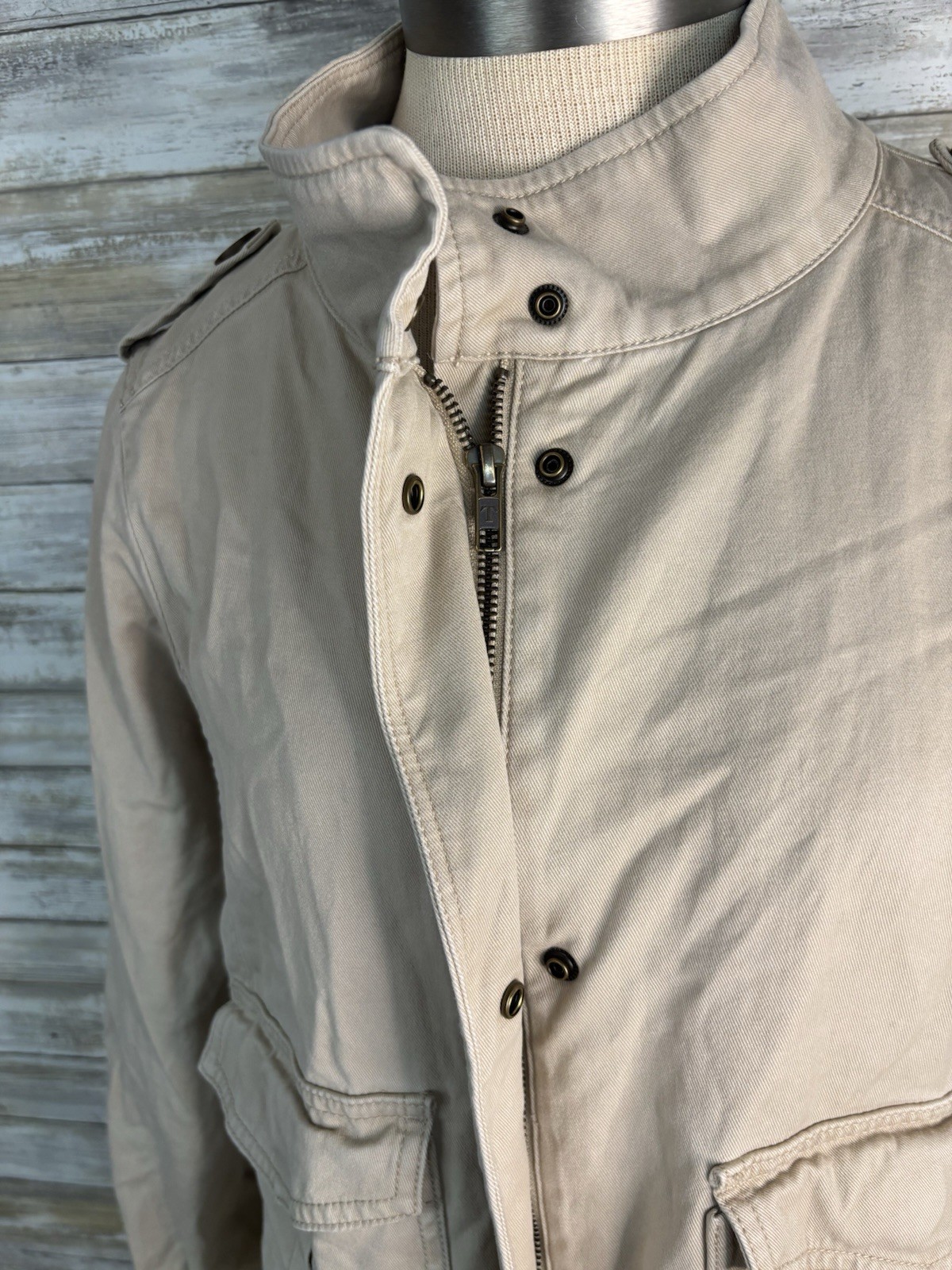 Talbots Refined Twill Utility Jacket Beige Petite M Military Safari Style Cotton