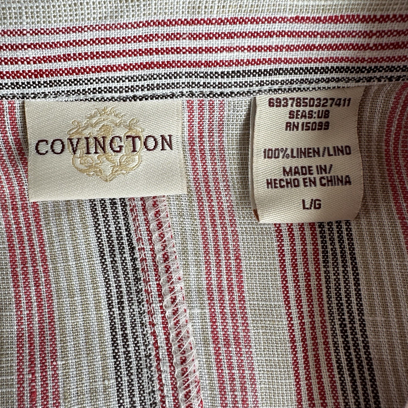 Covington Office Button Up Top Blouse Shirt Linen Size L Striped Collared