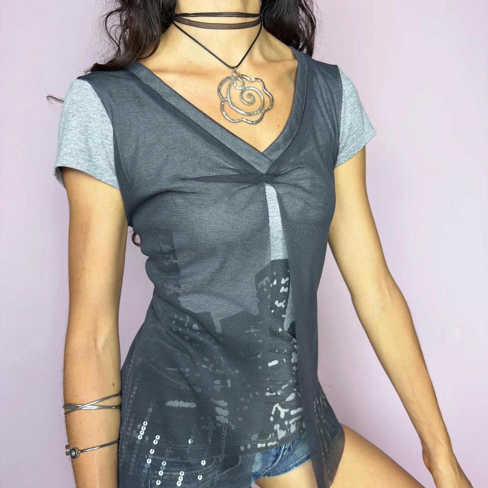 Vintage Gray Mesh Top Print Cityscape Skyline Sheer Grunge Y2K 2000s Size M