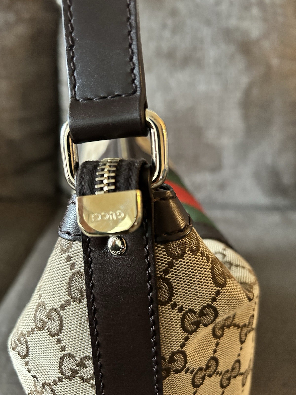 Gucci GG Web Stripe Shoulder Bag, Zip Closure, Gold Hardware, Lined, Pockets