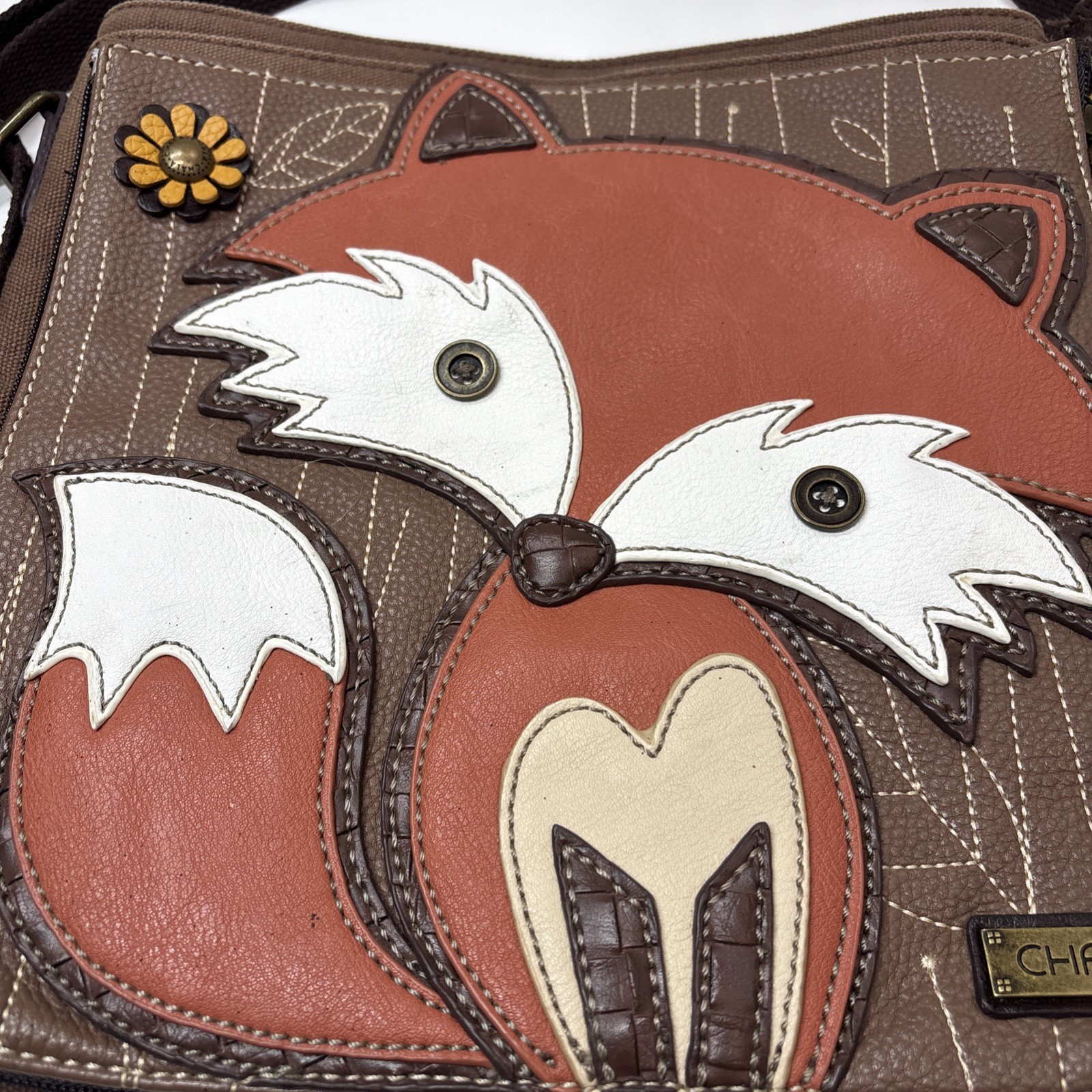 Chala Fox Deluxe Messenger Bag Brown Crossbody faux leather & canvas, Pockets!
