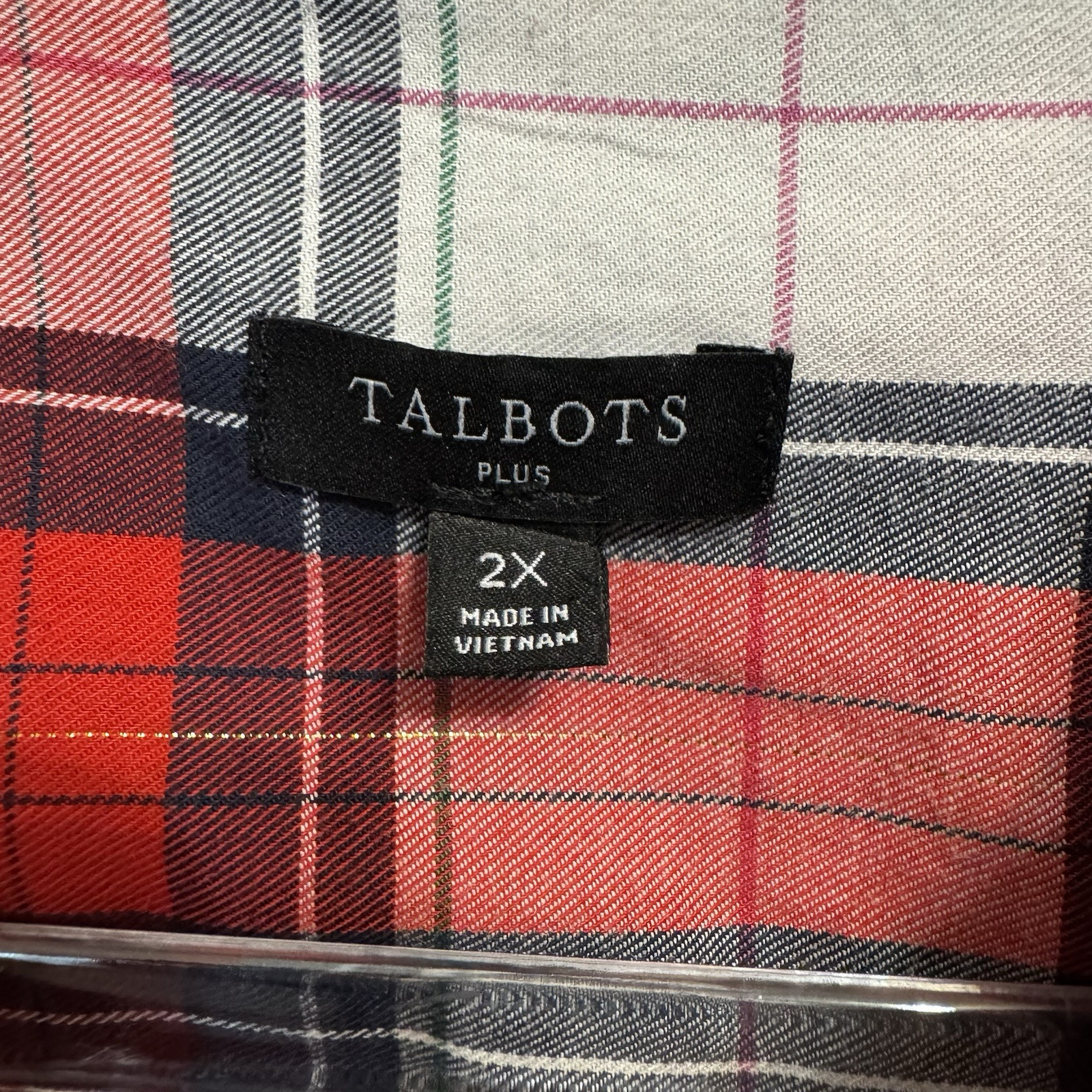 TALBOT’S Size 2X Red/Black Plaid Button Front Collared Blouse Preppy Classic