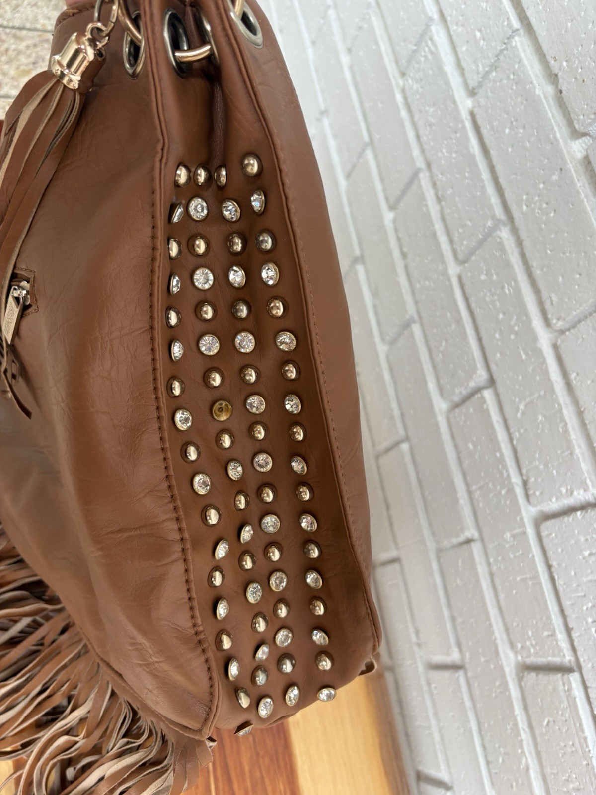 Imoshion Brown Fringe Studded Shoulder Bag Floral Lined, Zip/Snap, Pockets