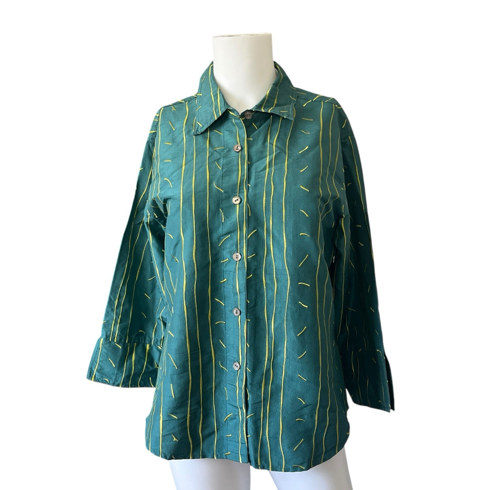 NEW Debra Deroo Teal Green Striped Button Up Blouse Silk Womens Size Small S