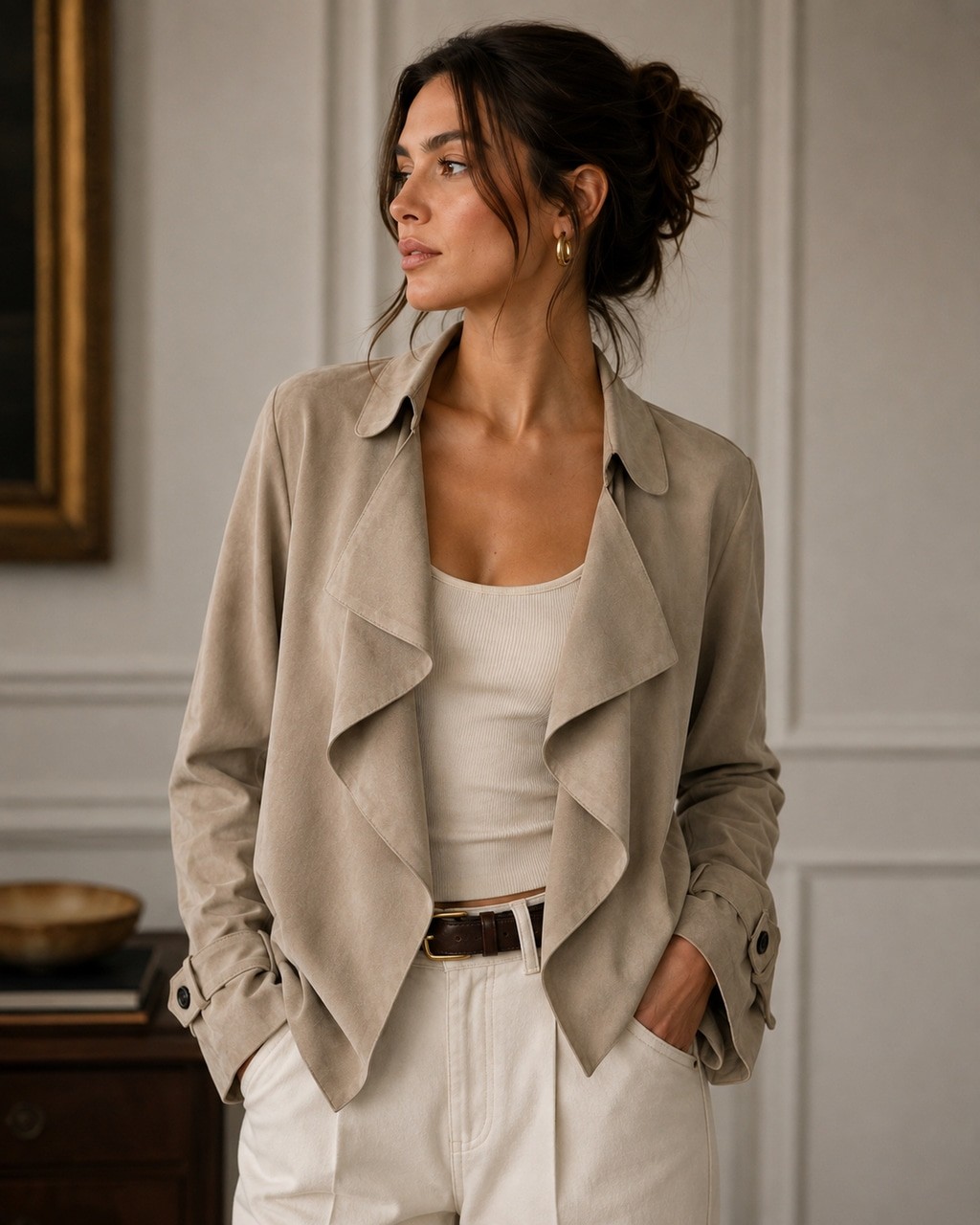 Gerard Darel Paris 100% Goat Suede Leather Open Front Jacket Beige EU 36 US 4
