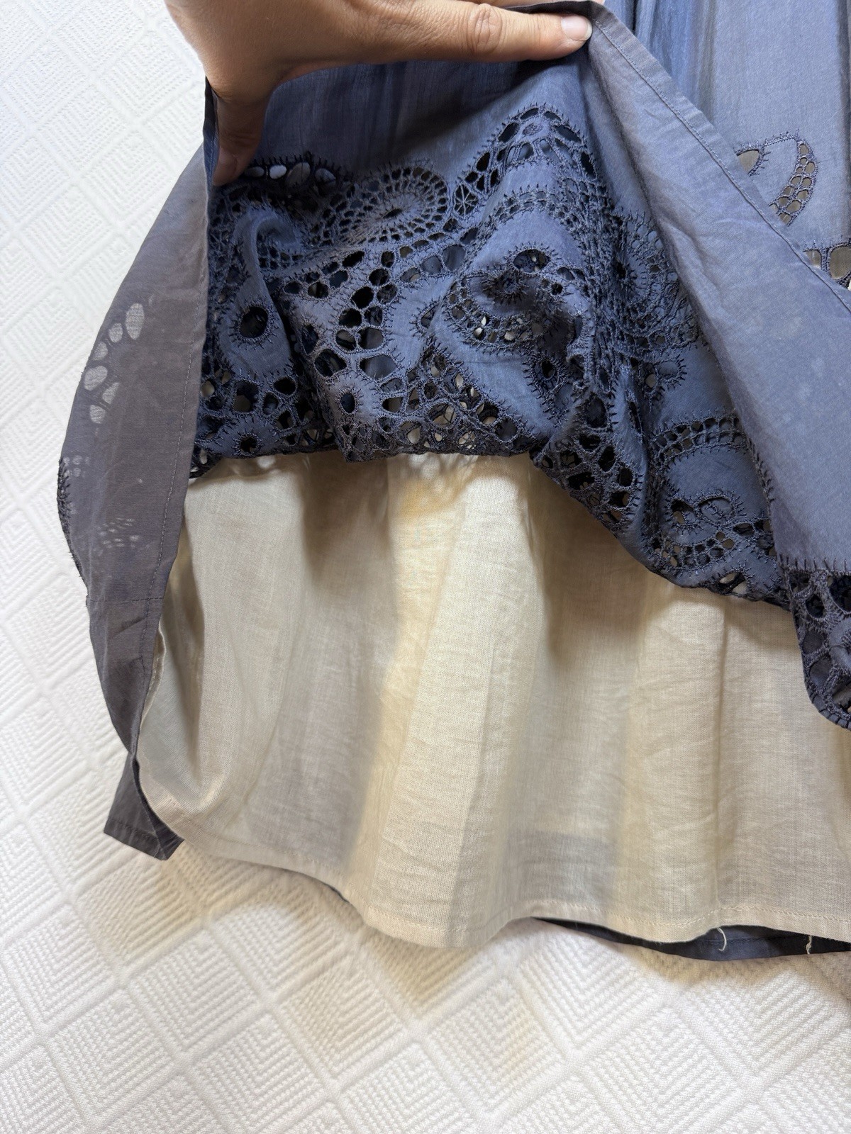 Burlapp Fit-and-Flare Grey Blue Silk Cotton Eyelet Dress Ruffled Bodice 4 Party