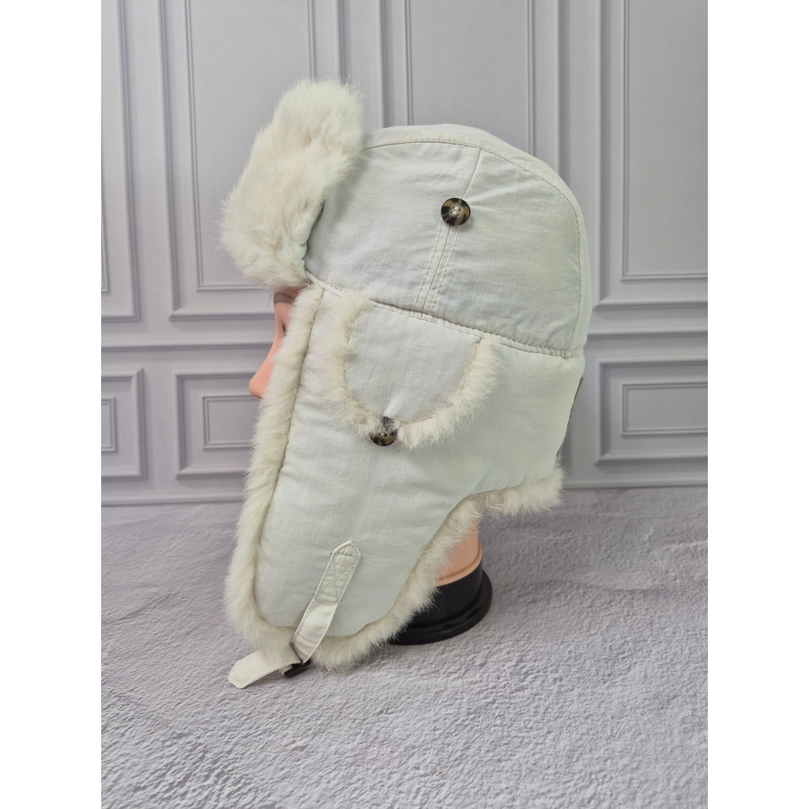 Mad Bomber White Trapper Hat Genuine Rabbit Fur Trim Aviator Winter Cap Womens