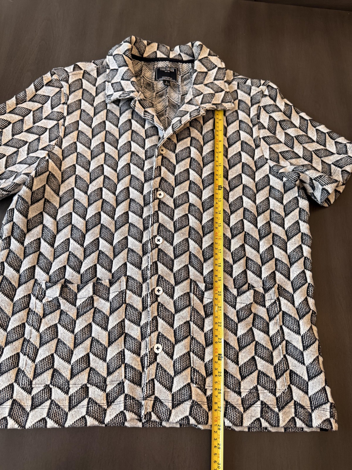 Todd Snyder Shirt Mens Large Black Geometric Knit Button Up Short Sleeve Pockets
